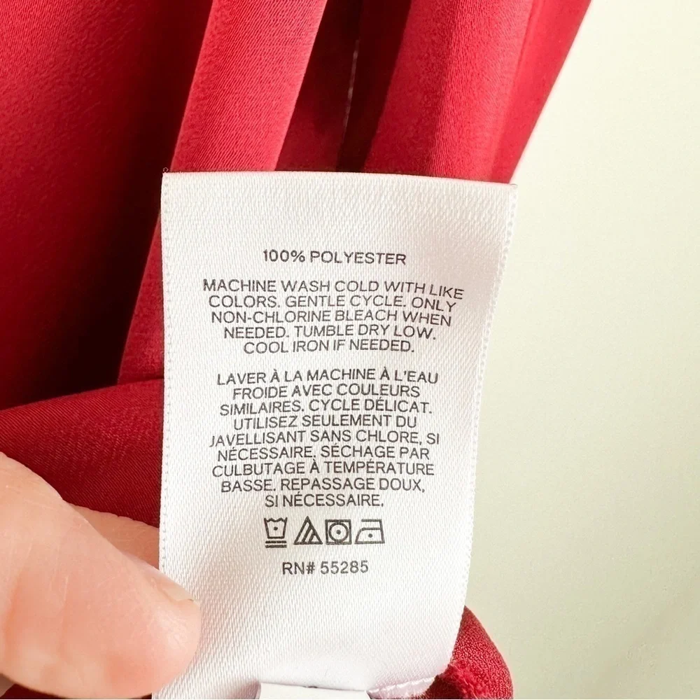 Express Satin Silky V neck Button Detail Balloon Sleeve Blouse Top Crimson Med